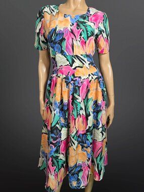 Vintage 80s Abstract Floral Midi Dress Tie Back Size S Bold Colorful Print Retro